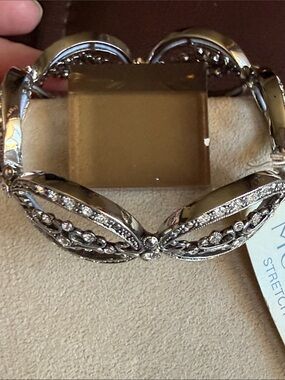 Monet Silver-Tone Rhinestone Leaf Stretch Bracelet